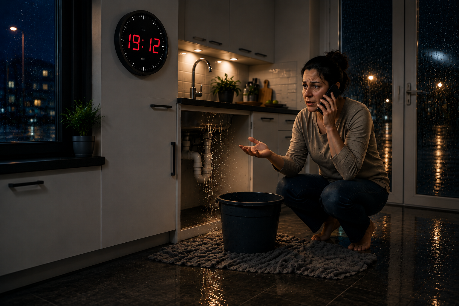 Kundin telefoniert nachts vor dem Wasserschaden in der Küche, die Wanduhr zeigt 19:12 Uhr