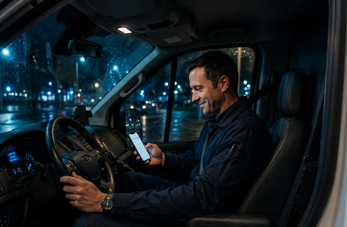 Techniker sitzt nachts am Lenkrad seines Servicefahrzeugs und liest die Einsatzmeldung auf dem Smartphone