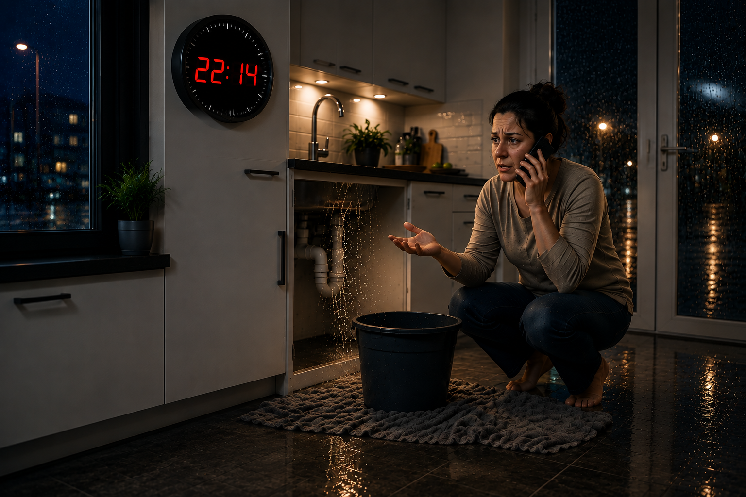 Kundin telefoniert nachts vor dem Wasserschaden in der Küche, die Wanduhr zeigt 22:14 Uhr