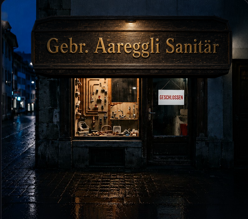 Gebr. Aareggli Sanitär an einer nassen Gasse bei Nacht mit rotem GESCHLOSSEN-Schild in der Tür